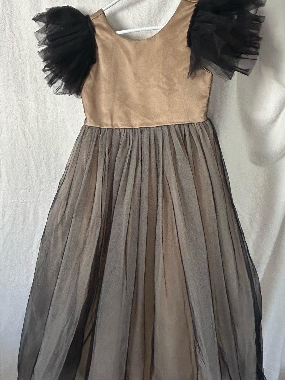 Girls Black Tulle Puff-Sleeve Formal or Flower Girl Dress with Gold Bodice